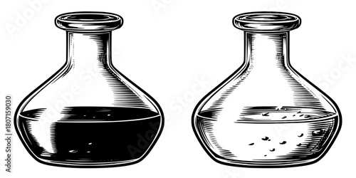 Vintage Vials Science: Three Glass Flasks Black White | Clean, isolated vector art for creative projects.