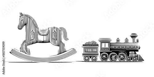 Timeless Journey: Elegant Black White Rocking Horse Train | Clean, isolated vector art for creative projects.