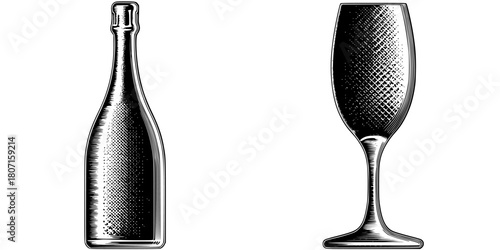 Timeless elegance: classic still life bottle wine single glass, captured sleek 2D vector illustration.