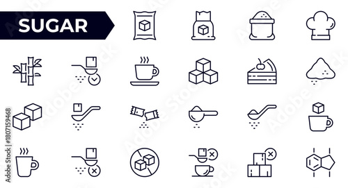 Sugar line icons set. Granulated, lump sugar, cube, refined sugar, sweetener, portioned cane sugar, fructose, saccharide and more. Outline icon collection. Pictograms.