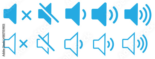 Speaker icon set. Mute and unmute volume signs icon with editable stroke. Speaker line icon set.