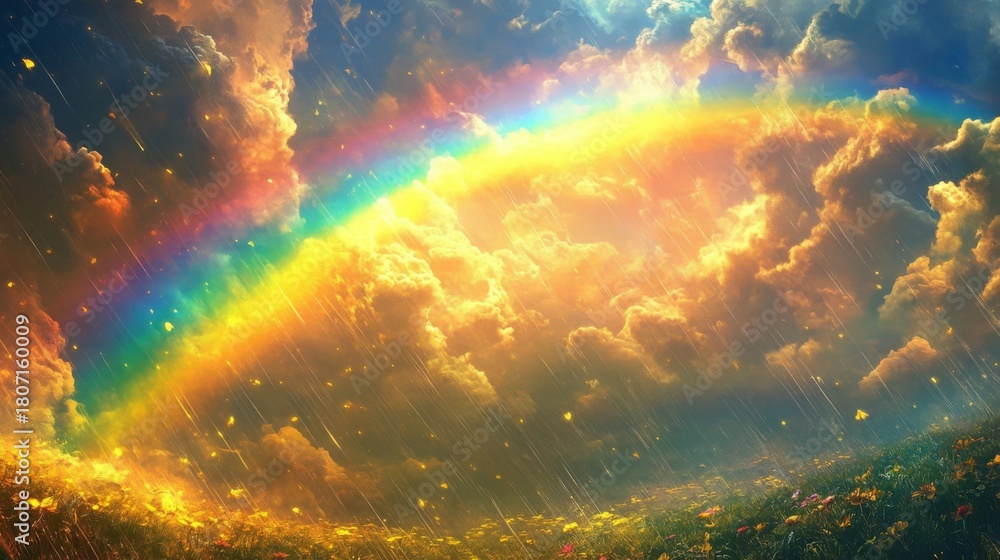 Obraz premium Golden Rainbows Over A Flowery Field