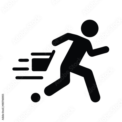 Fast Delivery Icon: Simplified Black Silhouette of a Person Running with a Cart Showing Swiftness.                                                    