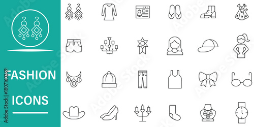 Fashion outline icon set. Set of line icons related to fashion, clothes, shoes, beauty, dress, gold, fabric, tailor, accessories, cawing, clothing, and more. Editable stroke vector illustration.