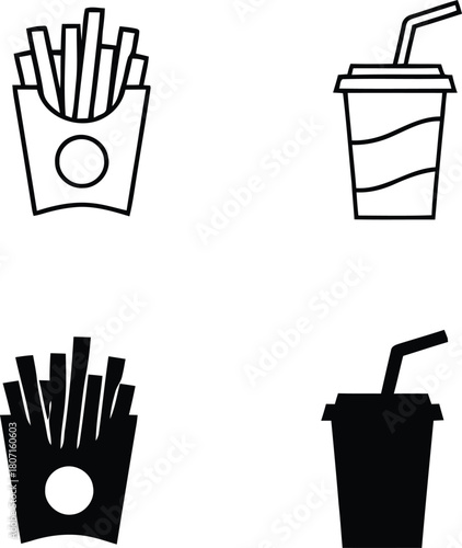Fast food icons of french fries and soda drinks in outline and solid styles