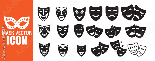 Masquerade eye mask vector icon set with various theater face masks representing drama and comedy