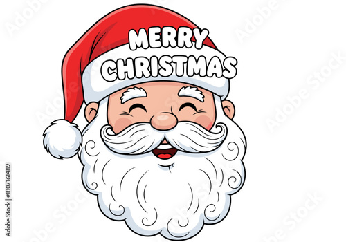 Jolly Santa Claus cartoon head with 'Merry Christmas' message on hat, vector illustration