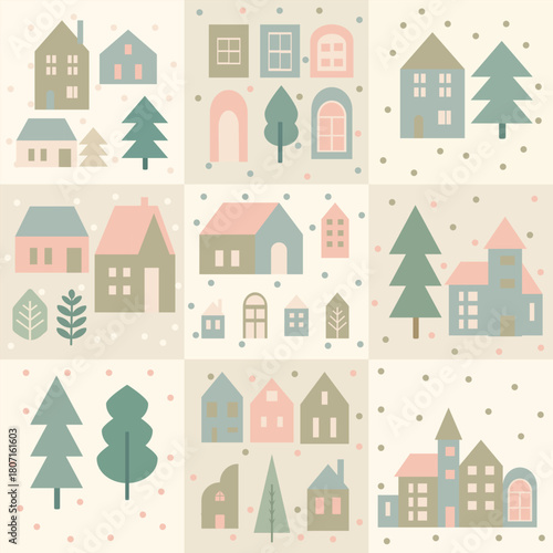 Minimal Scandinavian village pattern in soft sage and muted blush tones. Perfect for textiles, wallpapers, gift wrap, packaging, kids design, and modern surface pattern applications.
