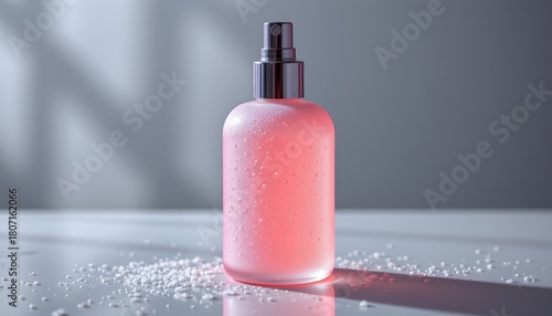 â€œfrosted cosmetic bottle illuminated with cold rim glow, soft minimal background.