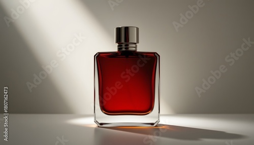dark amber perfume bottle with metallic cap, illuminated by sharp directional light.