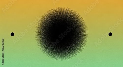 A mysterious black spiky sphere and two smaller circles are symmetrically arranged on a textured yellow and green gradient background, creating a minimalist abstract composition