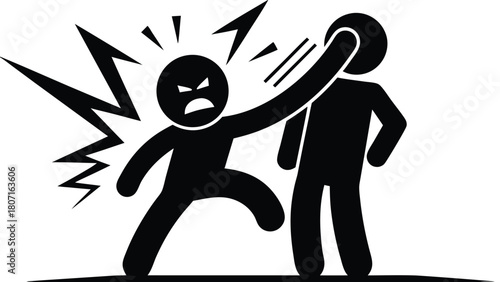 Aggressive Stick Figure Assaulting Another with Anger, Pictogram. Depicts Physical Aggression, Violence, and Conflict in a Minimalist, Symbolic Style.