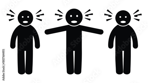 Three Stick Figures in Distress: A Black and White Illustration Depicting Sensory Overload and Anxiety, Isolated on White                             