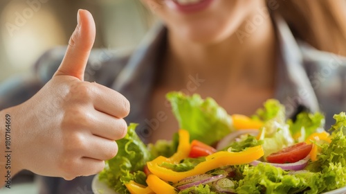 Fototapeta Naklejka Na Ścianę i Meble -  Woman with a fresh salad giving a thumbs up