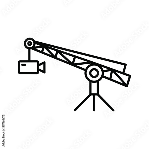 Line art of a camera mounted on a jib crane, isolated on
