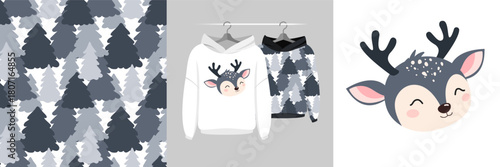 Monochrome pine forest pattern with a white hoodie and a gray sweater featuring a cute reindeer face, delivering a cozy winter vibe ideal for holiday apparel and gift ideas