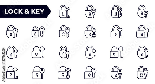 Lock and Key outline Icon Set. Outline Signs for Graphic and Web Design, Apps, Adverts, Various Cards.vector illustration.