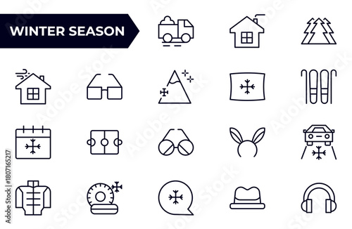 Winter season outline icon set. Containing Spring, Hail, Humidity, Fall, Fog, Winter, Snow, Wind, Rainy, and Seasons icons.