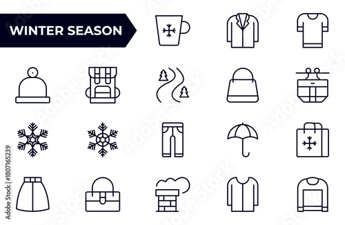Winter season outline icon set. Containing Spring, Hail, Humidity, Fall, Fog, Winter, Snow, Wind, Rainy, and Seasons icons.
