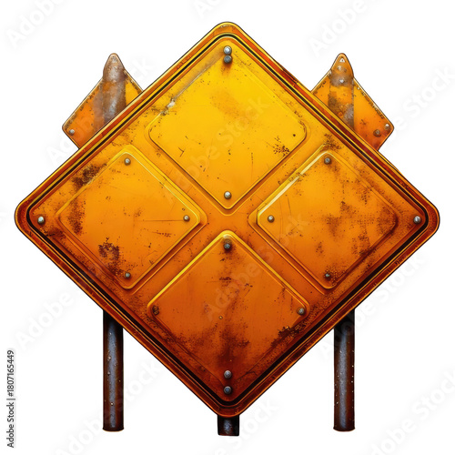 Weathered, rusty diamond-shaped signs, worn and aged