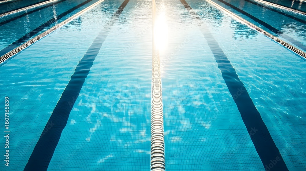 Obraz premium A serene and modern indoor swimming pool with crystal clear blue water clean lines and mesmerizing reflections creating a tranquil and rejuvenating atmosphere for fitness wellness and relaxation