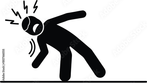 Black Stick Figure Suffering from Head Injury with Shocks Around Head and Neck Pain, Falling to the Ground, Injury Concept, Isolated Vector Icon.     