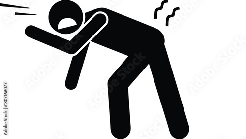 Simplified Pictogram Depicting a Person Experiencing Lower Back Pain, Black and White Vector Illustration, Isolated on White.                         