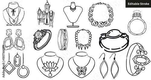 Set of 15 hand-drawn jewelry icons. Doodle necklace, ring, and earring vector illustration.