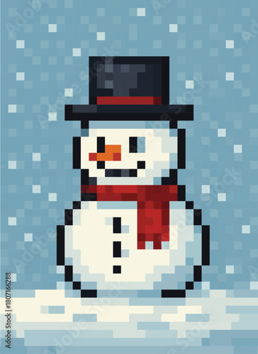 A charming retro pixel-art snowman wearing a black top hat and red scarf, set against a snowy winter background. The retro 8-bit style  for winter festive designs, greeting cards, posters, invitations