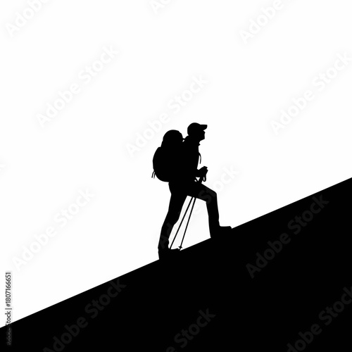 Silhouette of a hiker with backpack and trekking poles climbing uphill.