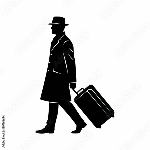 Silhouette of a man in a hat and coat walking with a suitcase.