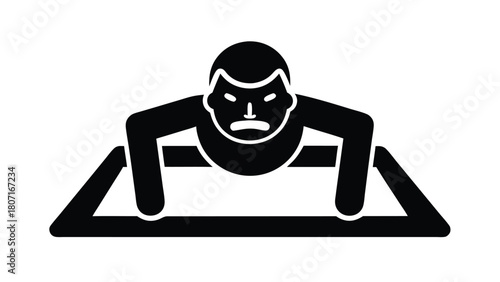Push-Up Exercise Pictogram: Upper Body Strength Training Workout on Yoga Mat, Black and White Vector Icon                                             