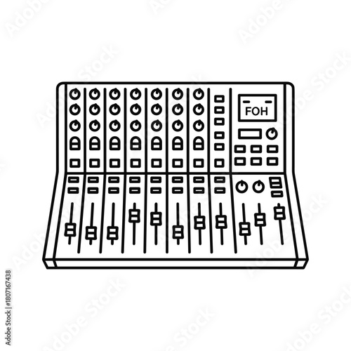 Line art illustration of a professional audio mixing console with faders and buttons, isolated on