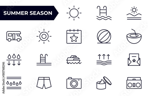 Summer season line icon set. Summer vacation icons for web and mobile app. Travel, beach, tourism, summer holidays, hotel, relax, beach, luggage, passport, sunglasses.