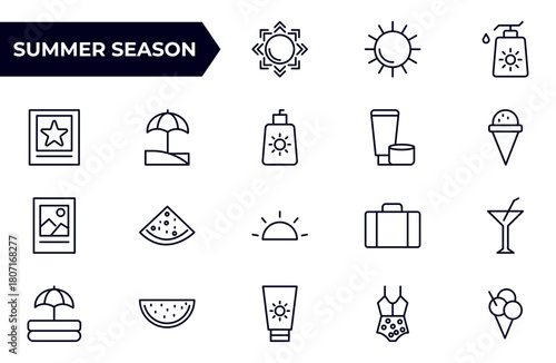 Summer season line icon set. Summer vacation icons for web and mobile app. Travel, beach, tourism, summer holidays, hotel, relax, beach, luggage, passport, sunglasses.