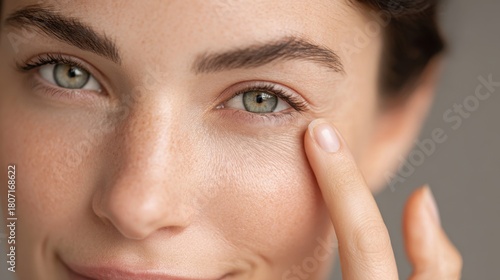 Young European woman highlights upper eyelid wrinkles while touching her face blepharoplasty idea