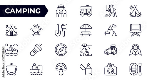 Camping outline icon set. hike, tourism, camp and travel - series. Set of line icons in linear style. Outline icon collection. Conceptual web pictogram.