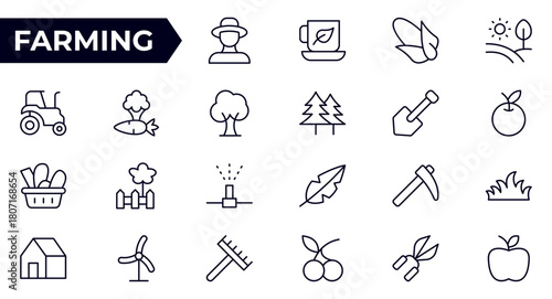 Farming outline icon set. agriculture, ecology, plantation, recyclable, clean, science, agronomy, stroke. Vector illustration Outline icon collection