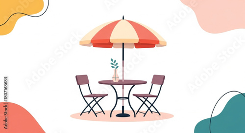 Charming outdoor cafe scene with umbrella and seating, perfect for summer gatherings, peaceful moments, or delightful patio ambiance, ideal for restaurant promos