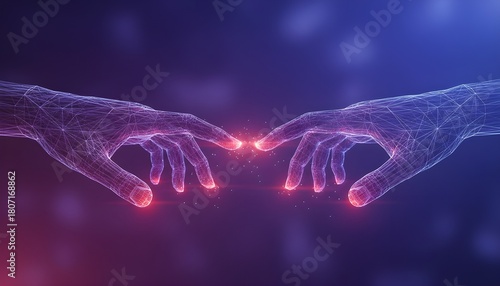 Gleaming digital hands in wireframe reach for a vibrant touch, symbolizing artificial intelligence connection and future technological interaction