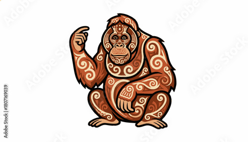 A stylized orangutan illustration featuring intricate brown tribal patterns and swirls, isolated on a white background.