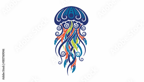 A vibrant, stylized illustration of a jellyfish with flowing tentacles in shades of blue, green, and orange.