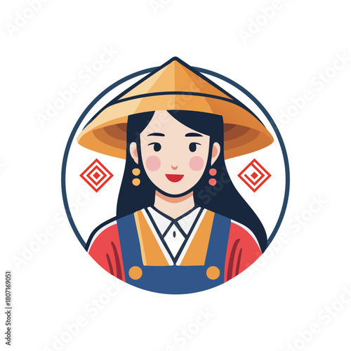 Illustration of a woman in traditional Asian attire and conical hat.