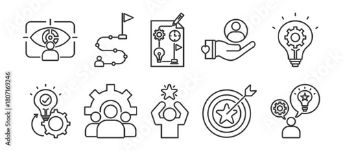 goals icon set collection in outline style. Icon pack contains goals , vision,mission plan, support, ideas, strategy, team, motivation,potential,  success, 
