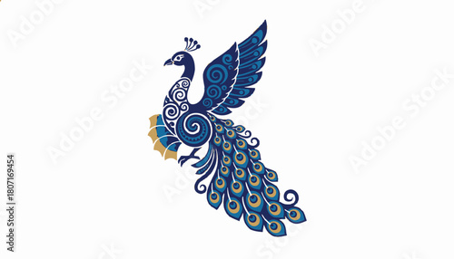 Stylized illustration of a peacock with intricate patterns and blue and gold colors.