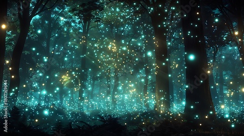 Breathtaking magical forest vista bathed in brilliant blue glowing ground cover and shimmering golden particles amongst the trees