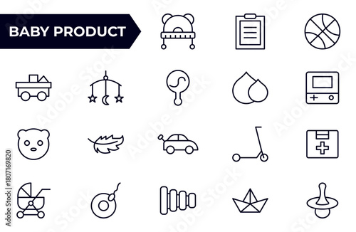 Baby Product and Game outline Icon Set. A charming collection of icons designed for parents and caregivers, perfect for websites, apps