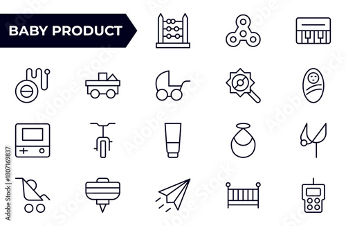 Baby Product and Game outline Icon Set. A charming collection of icons designed for parents and caregivers, perfect for websites, apps