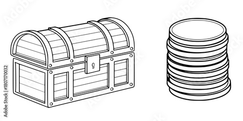 Vintage Adventure: Treasure Chest Coins Illustration | Clean, isolated vector art for creative projects.