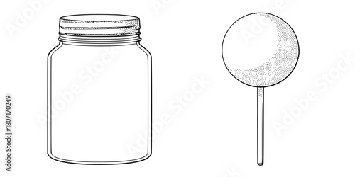 Vintage charm: Elegant, black white illustration classic candy jar lid simple white marble accent. | Clean, isolated vector art for creative projects.